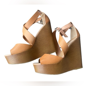 Chinese Laundry Womens SANDALS 10M Strappy WEDGES Java‎ Tan Cross Strap Buckle